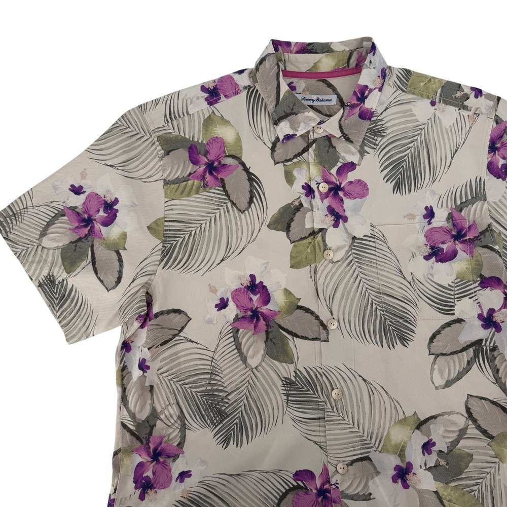 Tommy Bahama Mens Silk Tropical Floral Palm Button Down Shirt Purple Beige L